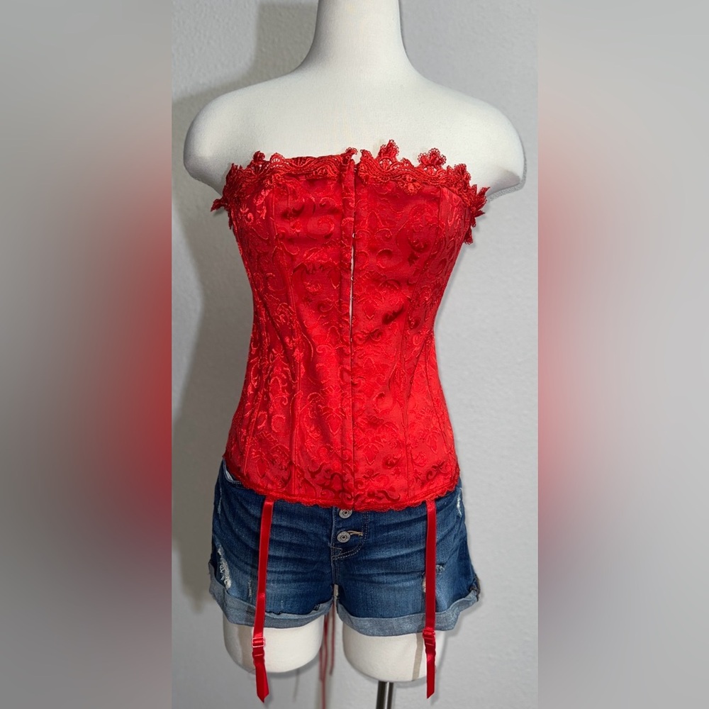 Vintage Fredericks Of Hollywood Red Corset Top Lingerie Front Hooks Medium Y2K